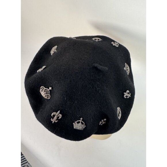 Neiman Marcus Black Wool Beret With Crown & Fleur-De-Lis Pins Made In UK main image 11
